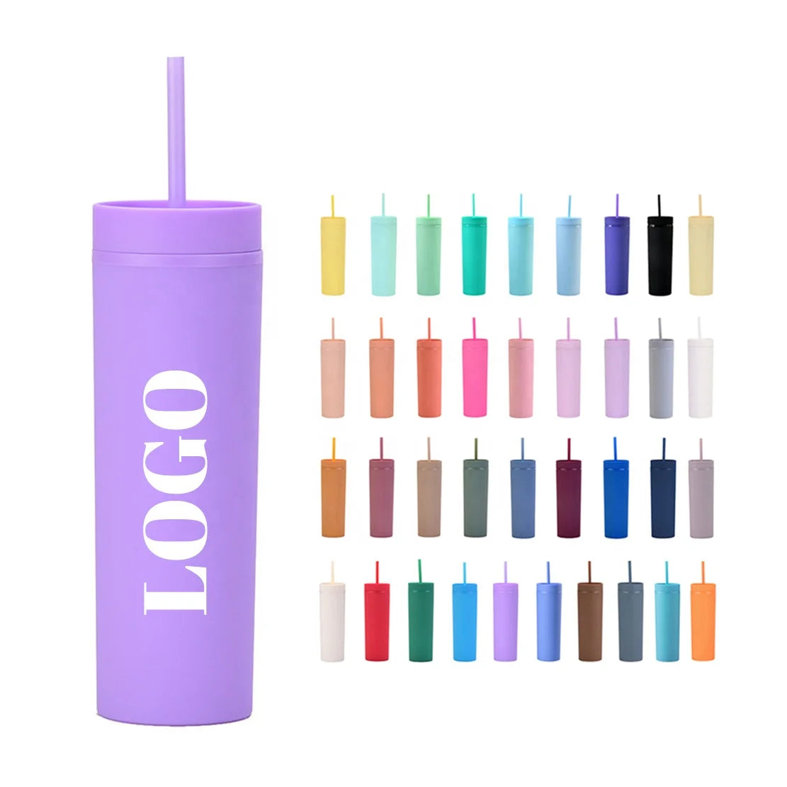 Wholesale Multiful Color Straight Water Cup Custom Logo 16oz Reusable Skinny Tumbler Matte Plastic Cups with Sraw and Lid