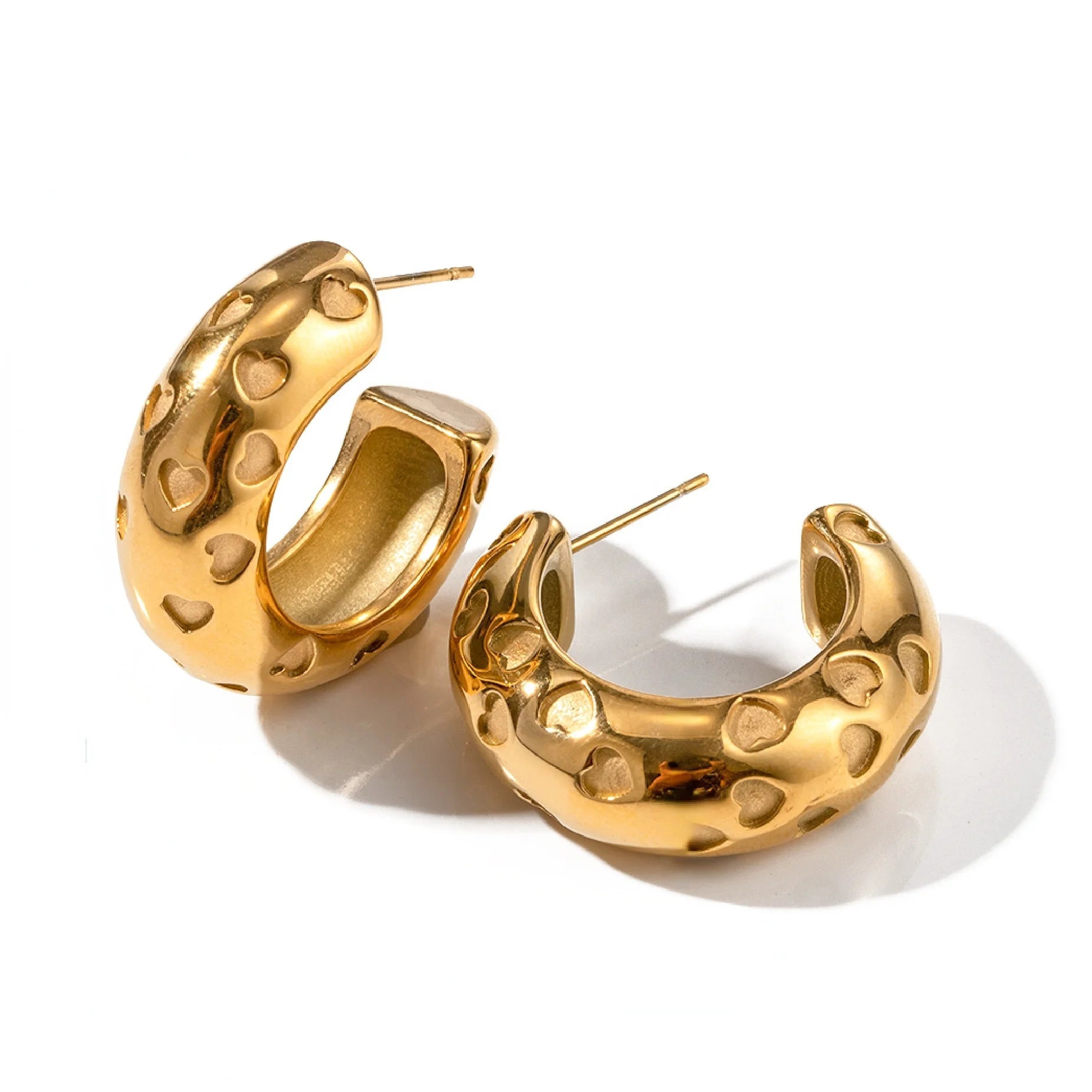 Vintage Chunky Earrings Personalized Women's Stainless Steel Jewelry 18K Gold Plated C-Shaped Branded Heart Hoop Earrings