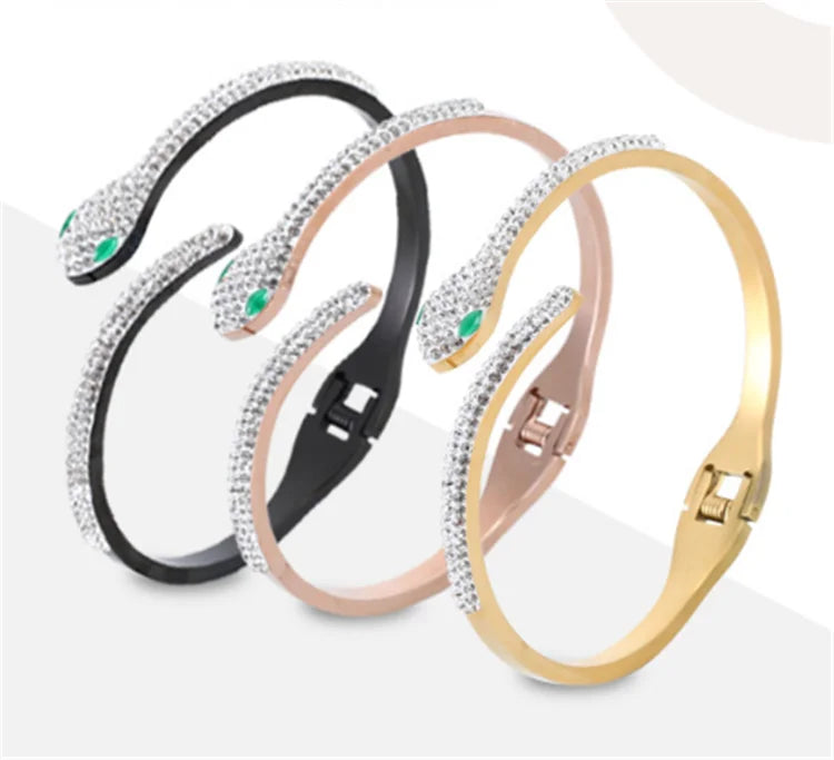 New Custom Gold/Silver/Rose Gold Snake Style Stainless Steel Zircon Open Bangle Titanium Bracelet for Women