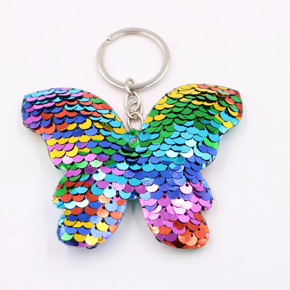 Wholesale Price Rainbow Color Butterfly Shape Keychain Glitter Sequins Bag Pendant Fashion Gift for Girls Women Made of Plastic