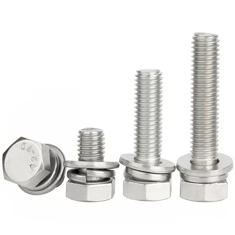 Customized Hex Head Hexagonal Three Part Combination Screws Bolt With Flat Spring Washer M4 M5 M6 M8 M10 304 Stainless Steel