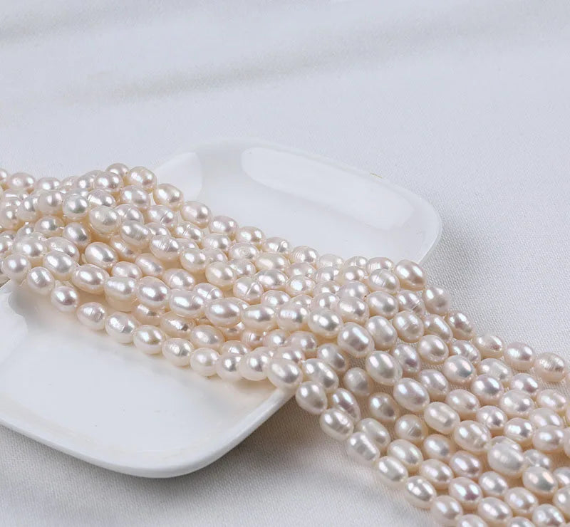 R.GEM. Genuine Real Baroque Baroque Rice Thread Drilled White Freshwater 7-8mm Loose Pearl Strands for DIY Jewelry Making