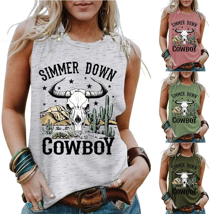 2025 Vintage Aztec Print Women's Sleeveless Round Neck Tops I-Shaped Vest on Sale