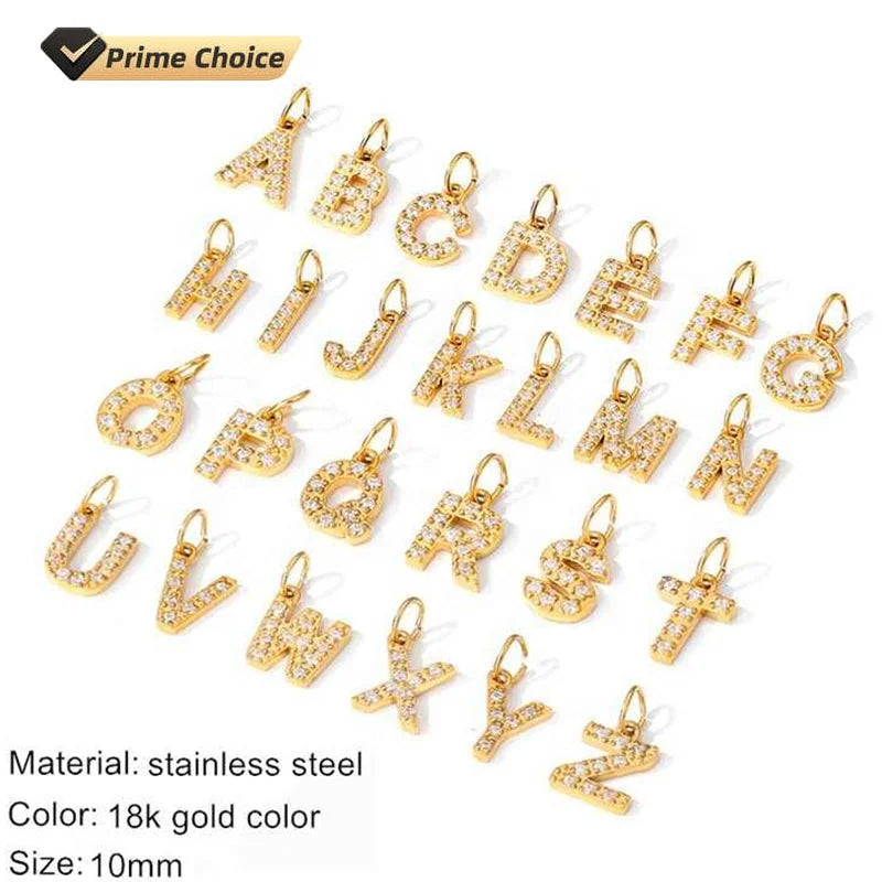 High Quality Rhinestones 18k Gold Stainless Steel Zircon Diamond Letters Charms Pendant A-z Alphabet 26 Lettering Jewelry Making