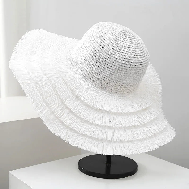 Women Paper Straw Hat Large Board Wide Rough Brim Floppy Straw Hat Summer Sun Beach Straw Hat with Tassel