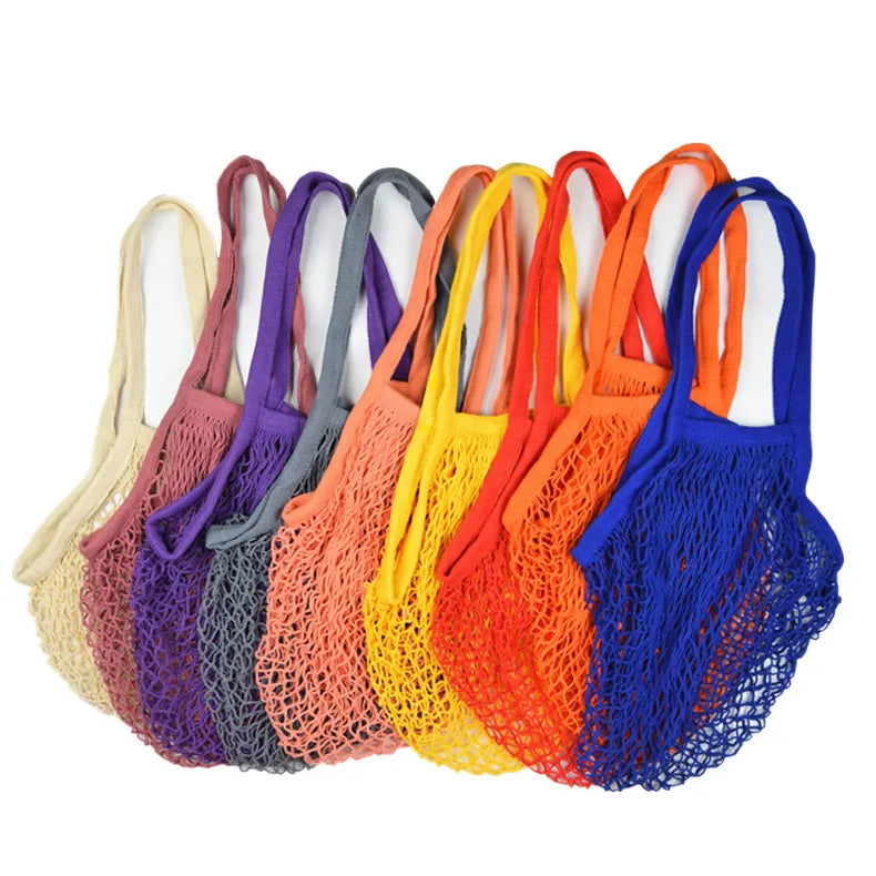 Large Size Natural Organic Cotton Mesh Tote Bag with Long Handle Reusable Eco-Friendly Shopping Bag Featuring Letter Pattern