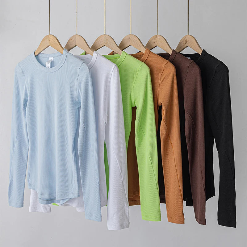 Women's Long Sleeve Compression Sportswear Soft Elastic Neck Ribbed Running T-Shirt Plus Size Custom Logo Printed Spandex