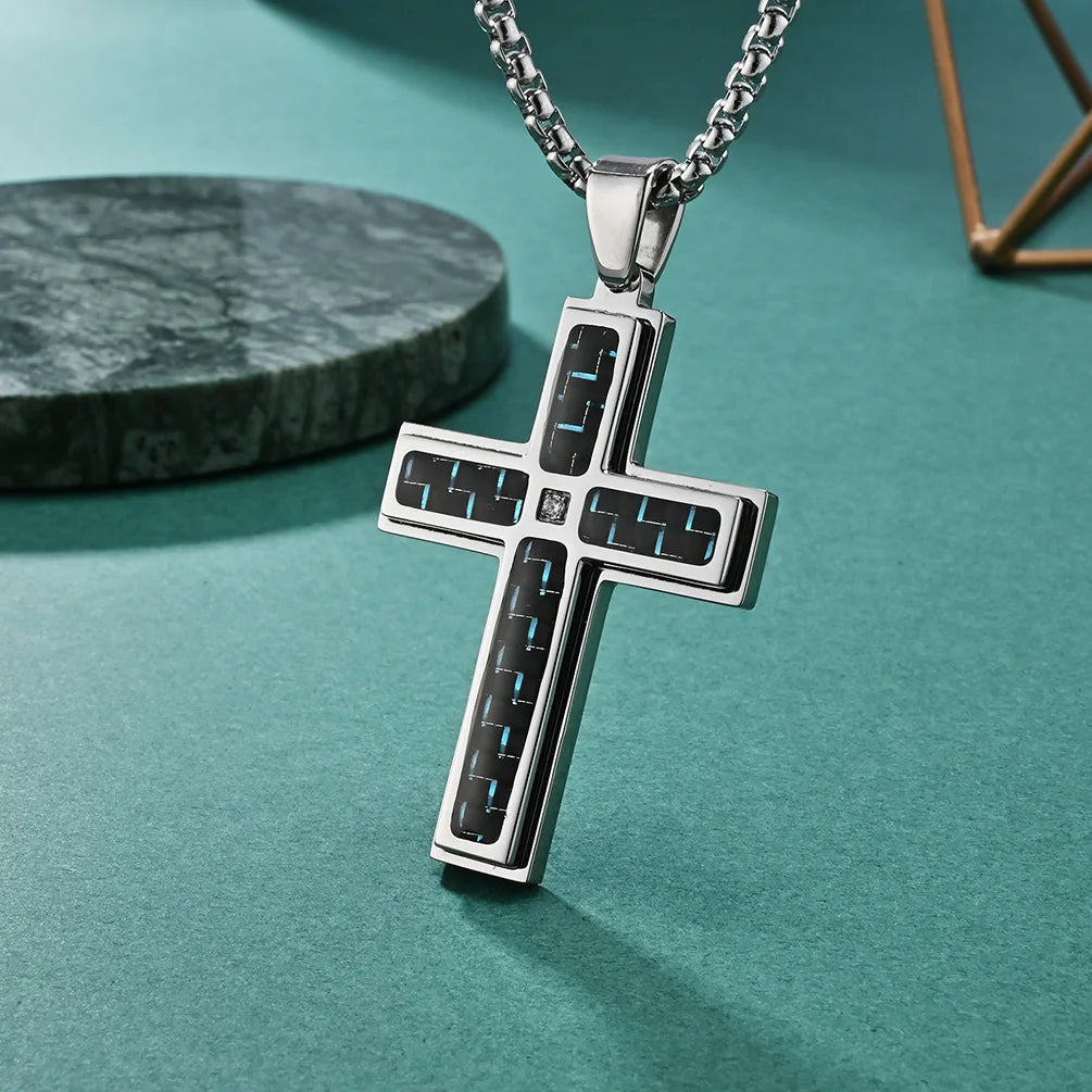 Personality Hip Hop Double Inlaid Kevlar Blue Carbon Fiber Cross Pendant Necklace Men Zirconia Inlay Religious Christian Jewelry