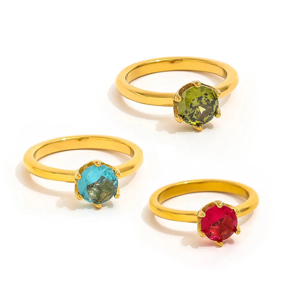 High End 18K Plain Gold Six Claw Red Blue Zirconia Dainty Ring Stainless Steel Trendy Simple Gold Plated Jewelry