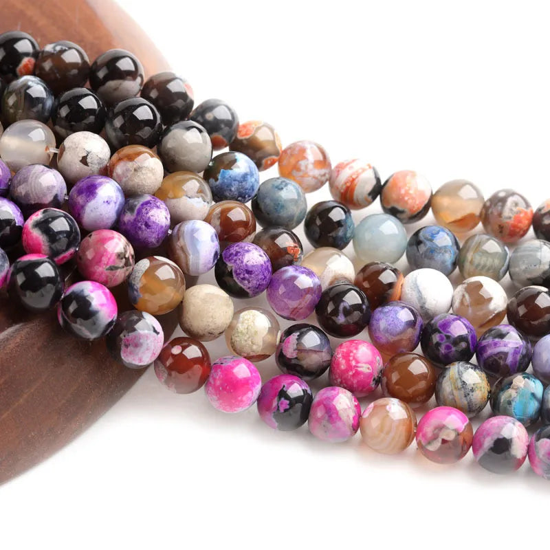 Natural Agate Loose Beads Fire Agate Round Beads Ice Flower 6/8/10mm Smooth Stone Beads DIY Jewelry Bracelet Accessory Making
