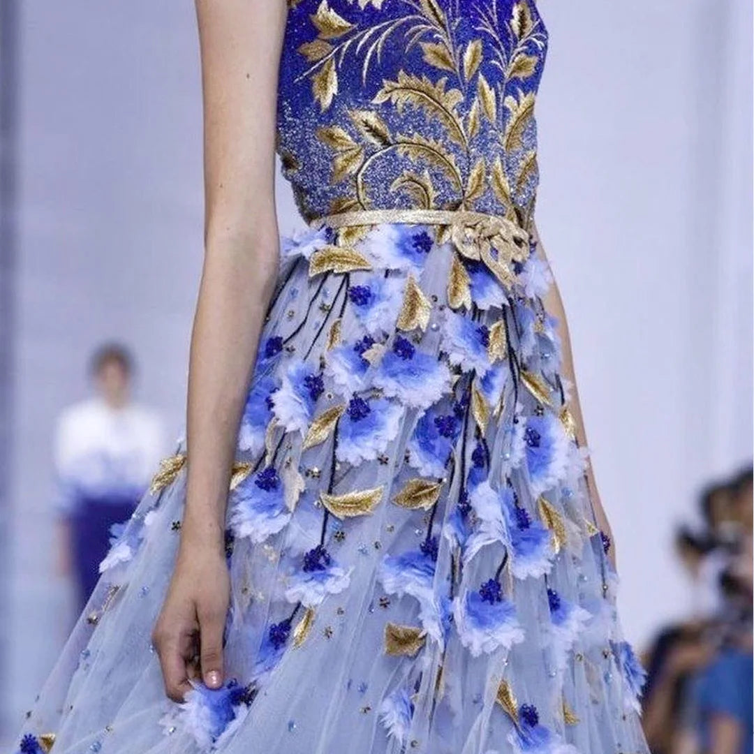Hot Selling Haute Couture Fashion Royal Blue Floral Dress Embroidery French Lace Fabric