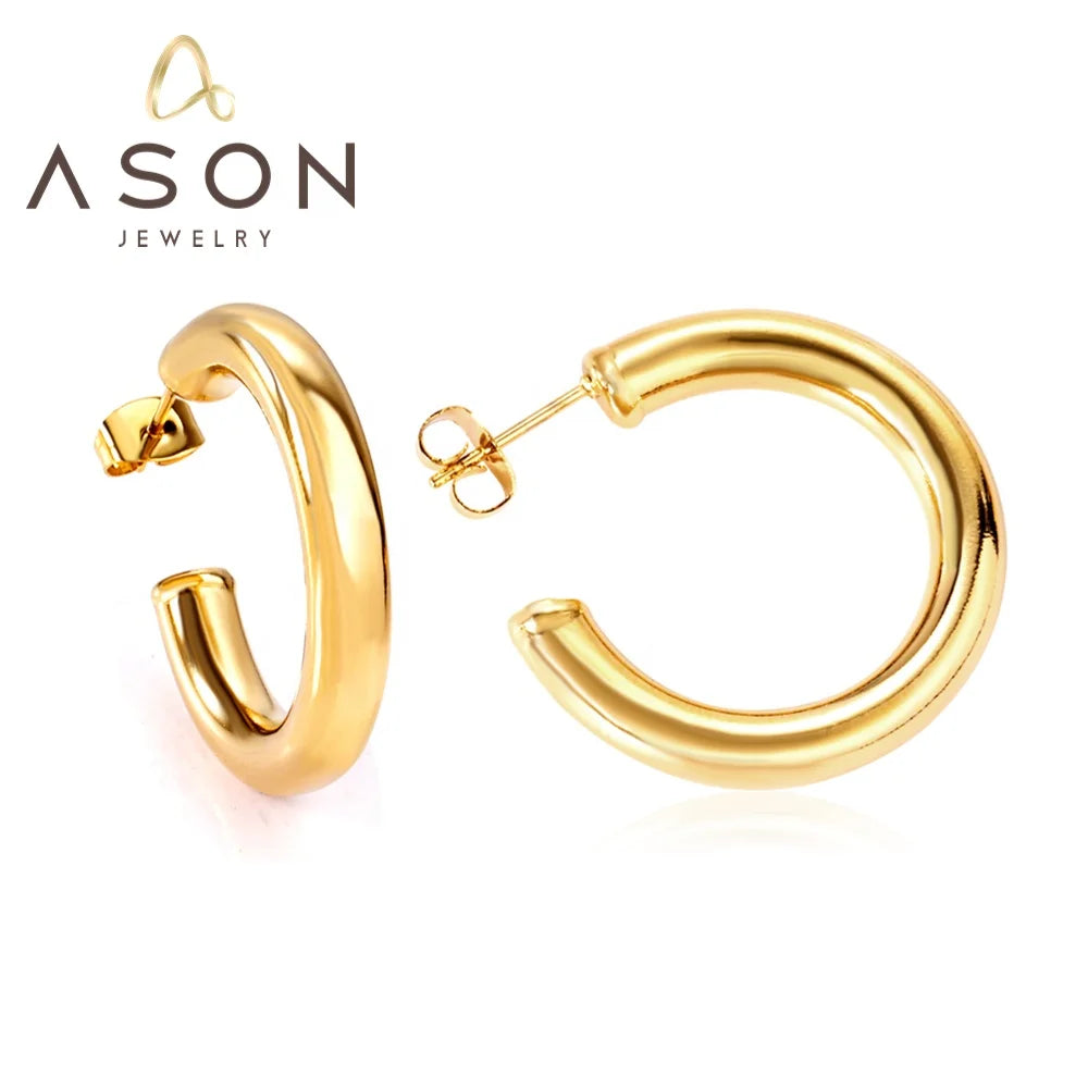 Ason Jewelry Stainless Steel C-Shaped Chunky Hoop Earrings Half Circle Hoop Earrings for Women Non Tarnish