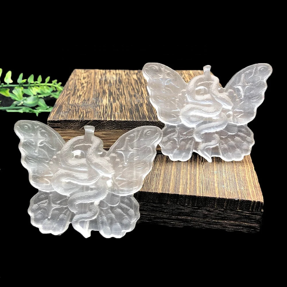 Hot Sale Special Offer Natural High Quality Selenite Hand Carved Small Selenite Butterfly with Snake Carvings for Decoration