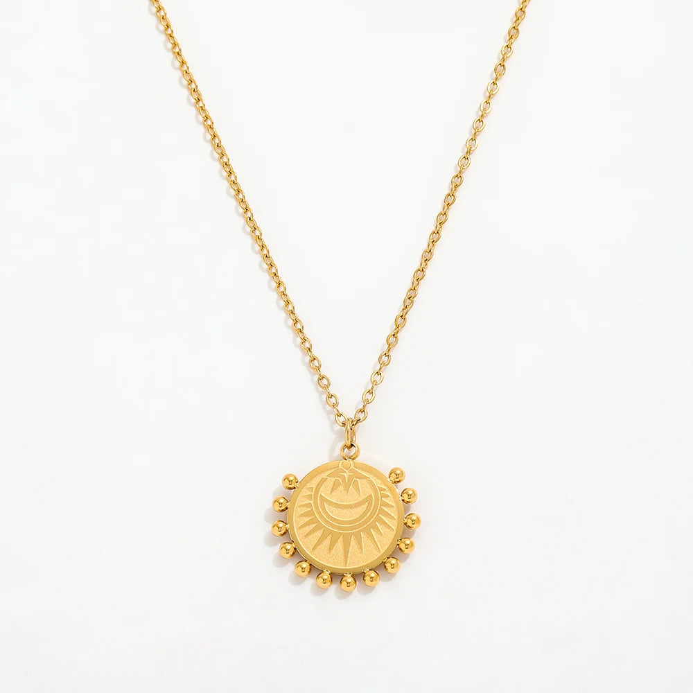 Fenny  18K Gold Plated Permanent Sunflower Sun Moon Star Beads Pave Pendant Necklace Stainless Steel Jewelry Wholesale