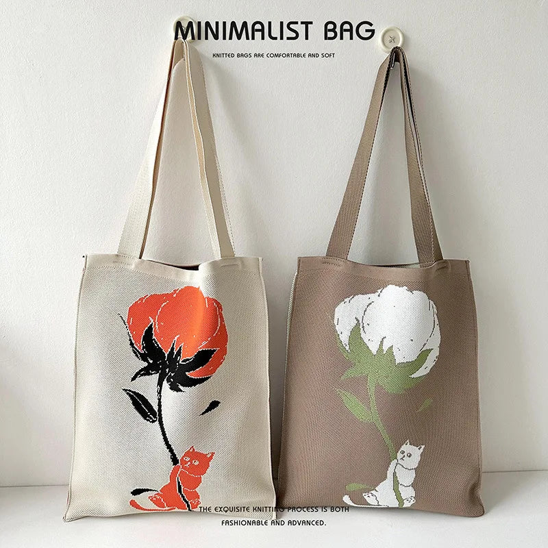 Aesthetic Floral Handmade Weaving Shoulder Bag Handbags Knitted Crochet Tote Bag for Women