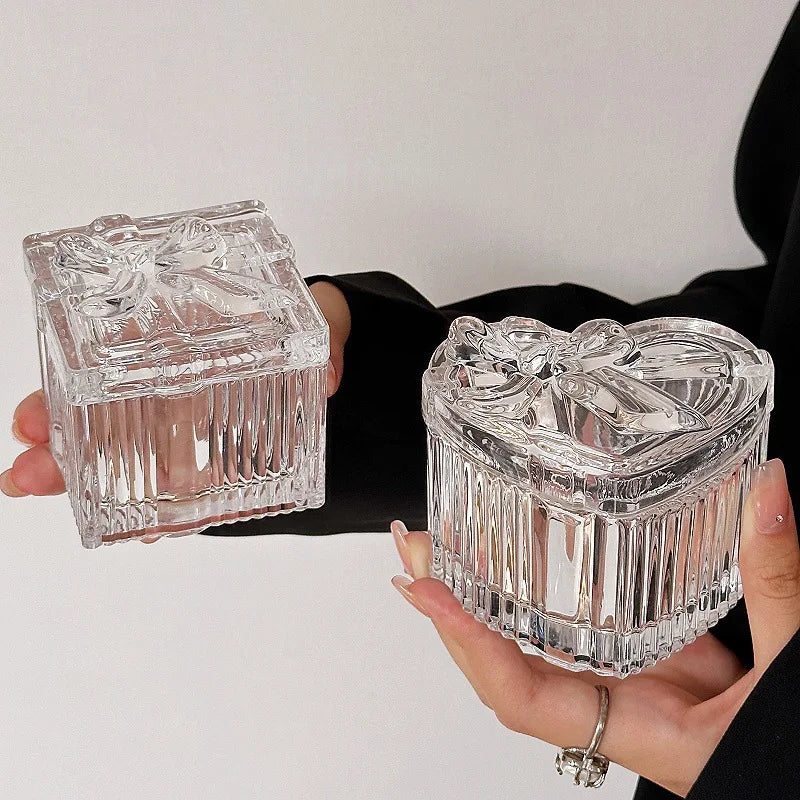 Bow Glass Candle Holder Jewelry Box Relief Retro Storage Candle Cup Box Decoration Ornament