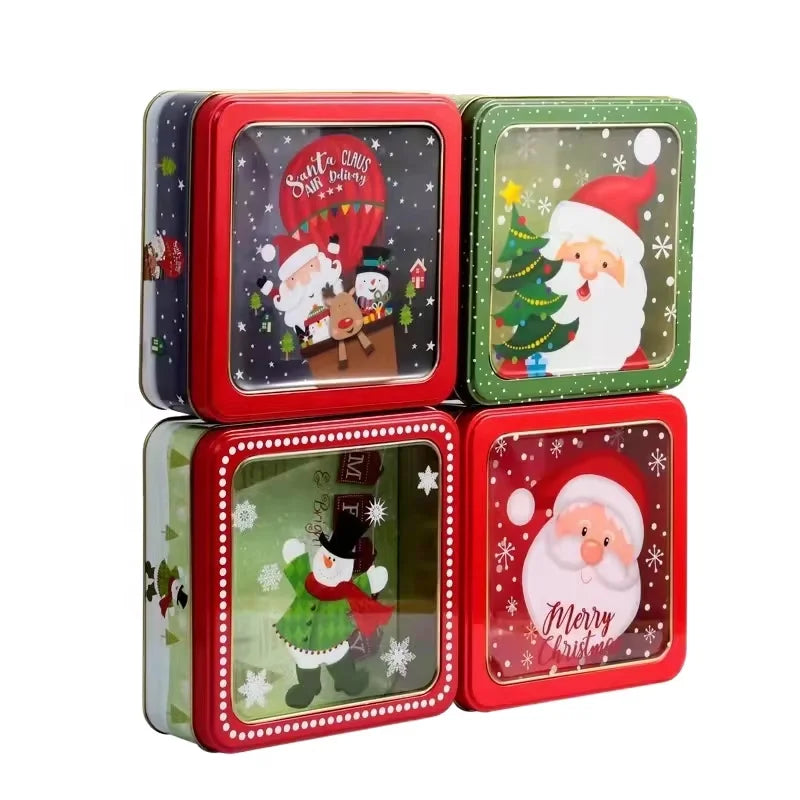 Square Christmas Tinplate Box Lever Cap 150x150x55mm Food Grade Window Design Cookie Candy Storage Custom Santa Print YXL Brand