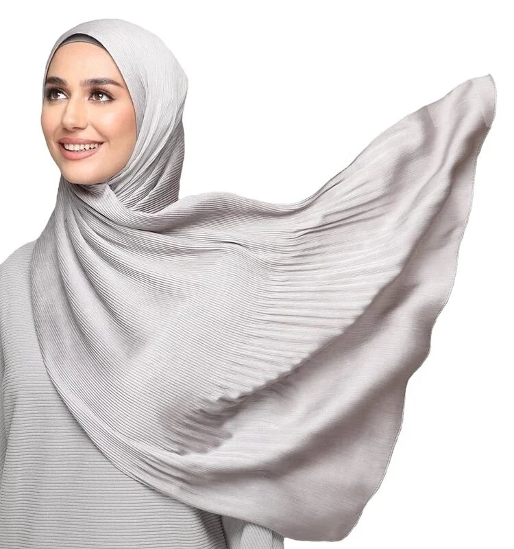 2022 New Stylish Plain Satin Pleated Shawl Shiny Silk Feeling Crinkled Scarves Hijabs Muslim Headscarf Islam Scarf Hijab