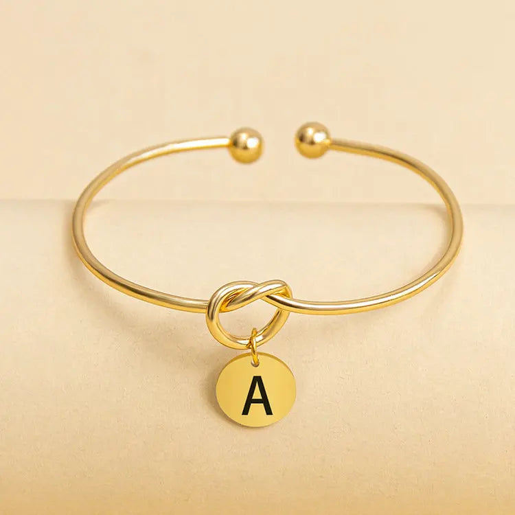 A-Z Alphabet Jewelry Trendy Stainless Steel Gold Plated Knot Initial Letter Bracelet Bangle for Women Anniversary