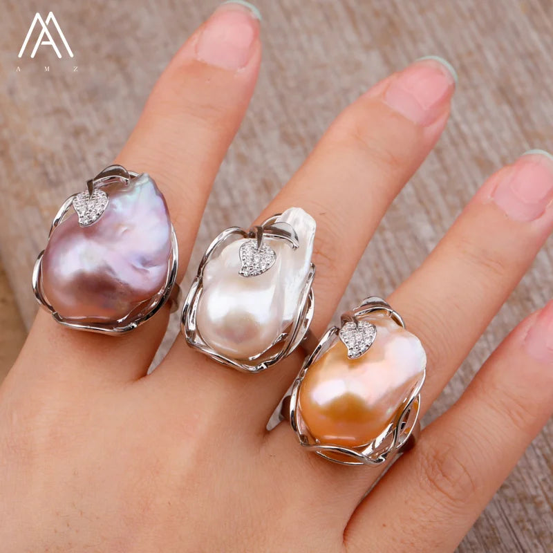 Luxury Baroque Pearl Rings for Women Trendy Jewelry  Leaf Shape Diamond Zircon Bead Silver Ring
