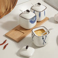 Creative Japanese  Style Stripe Ceramic Kitchen Seasoning Tank Set Accessories Wooden Cover Salt Shaker Spice Jar Spices Storage