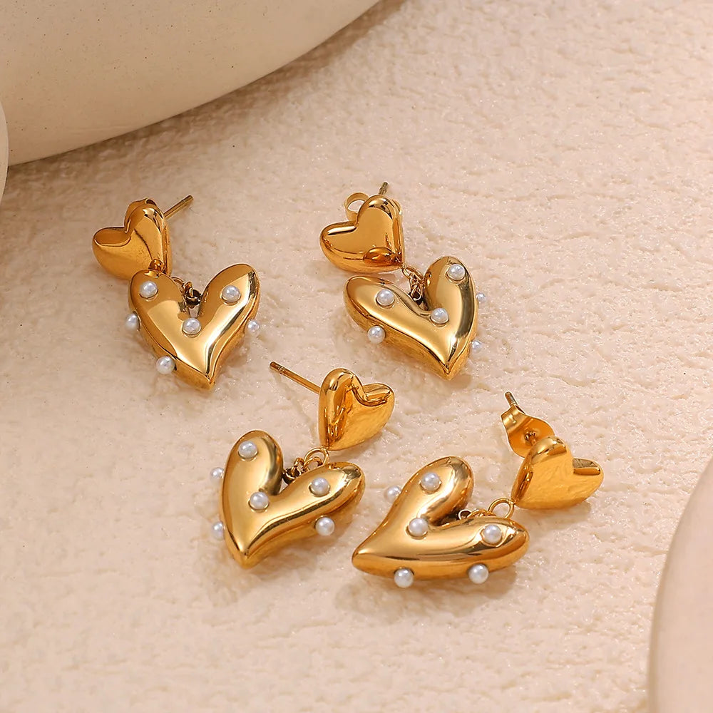 High-End Elegant 18K Gold Plated Stainless Steel Heart Shape Pearl Studs Earrings