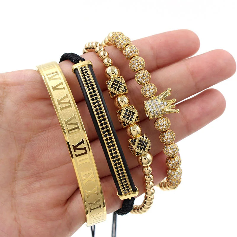 Luxury Hip Hop Jewelry Zincon Stainless Steel Roman Numbers Bangle Braided Macrame Bracelet
