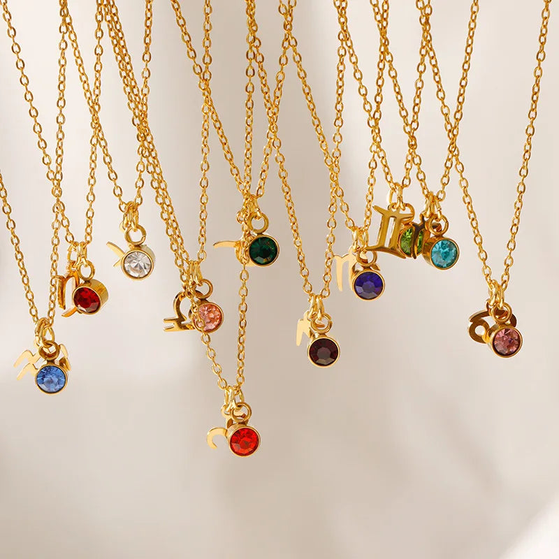 Wholesale Fashion 12 Horoscope Zodiac Necklace Stainless Steel Jewelry Birthstone Zodiac Sign Double Pendant Necklace for Women