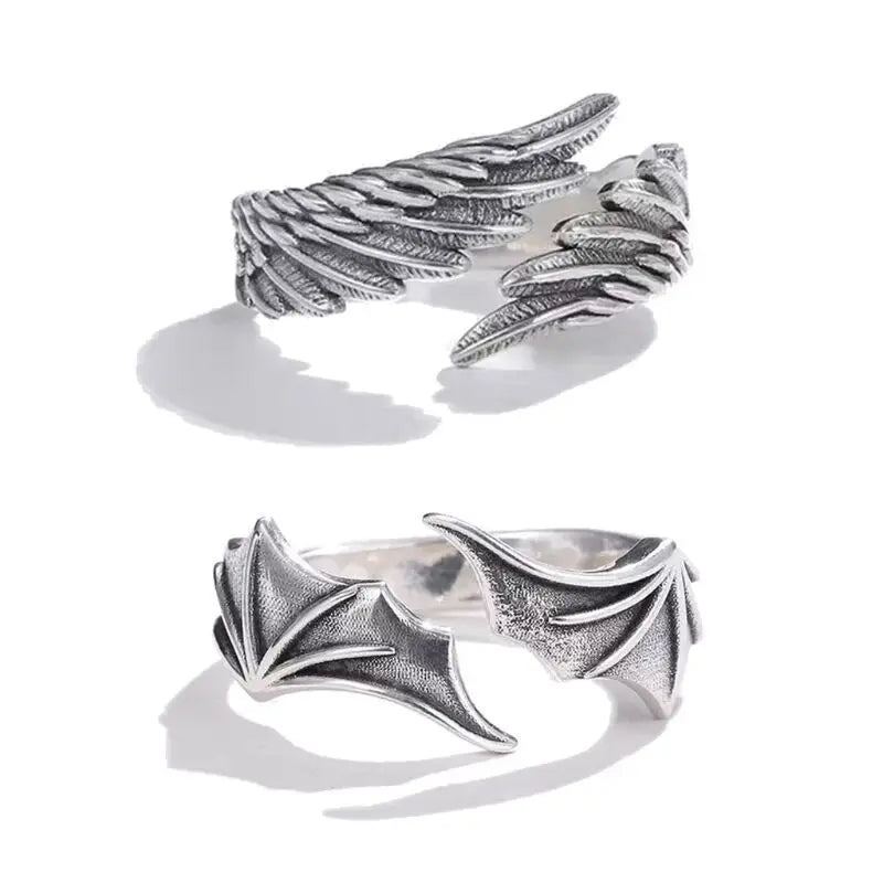Tik Tok Fashion Hot Selling Retro Silver Adjustable  Exotic Rings Personality Angel Demon Wings Punk Ring for Lovers