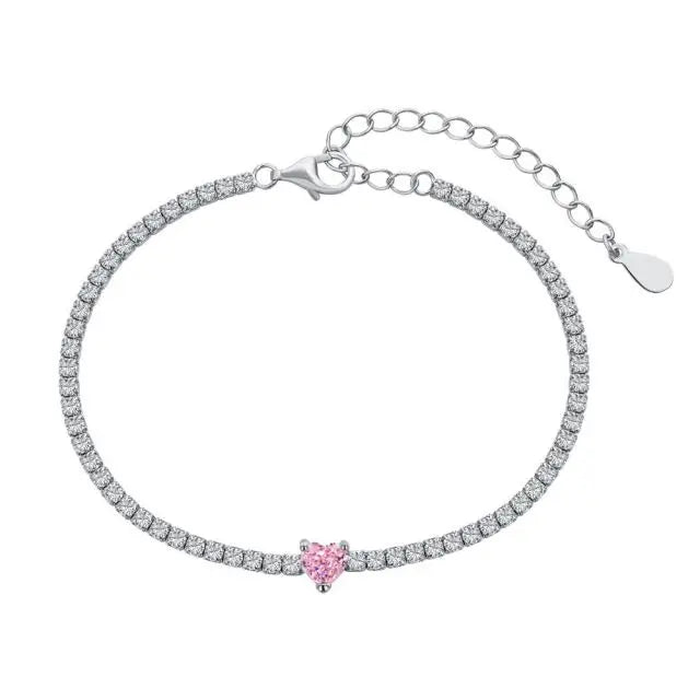 925 Sterling Silver 5mm Heart Shape Classic Adjustable Chain Bracelet Cubic Zirconia CZ Tennis Bracelet