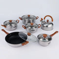 Factory Supply Wood Grain Handle 12pcs Stainless Steel Non-stick Cookware Set with Kettle&fry Pan