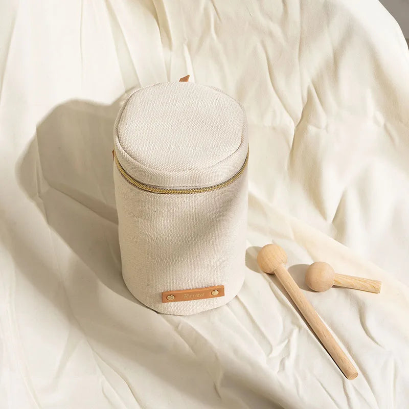 Custom Recycled Cotton Fabric Canvas Cylinder Barrel Zipper Cosmetic Makeup Bag With Patch Logo
