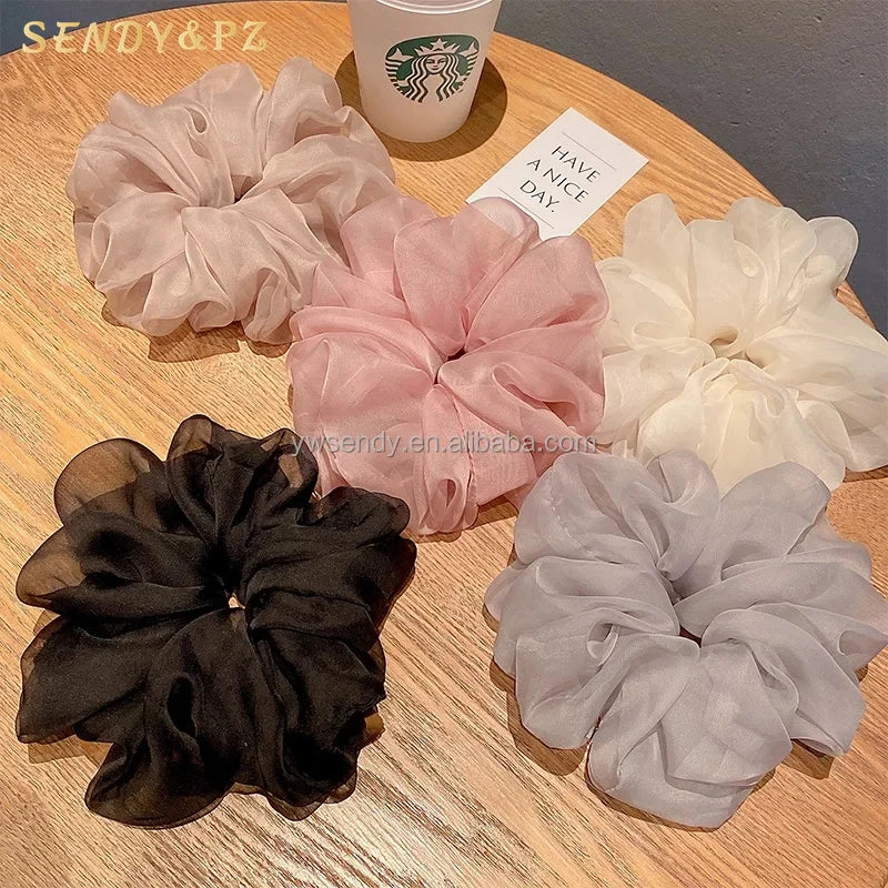 Women Sweet Gentle Chiffon Scrunchies Hair Ties Solid Color Mesh Versatile Big Organza Hair Band for Lady Hair Ropes