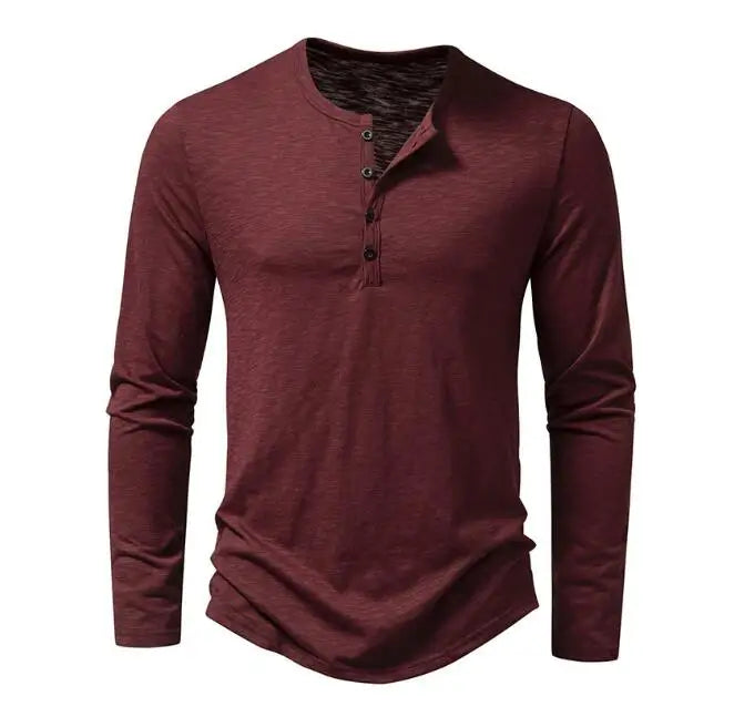 Wholesale Men's Bamboo Cotton Henry Collar Long Sleeve T-shirt Fashion Designer Solid Color Custom Casual T-shirt