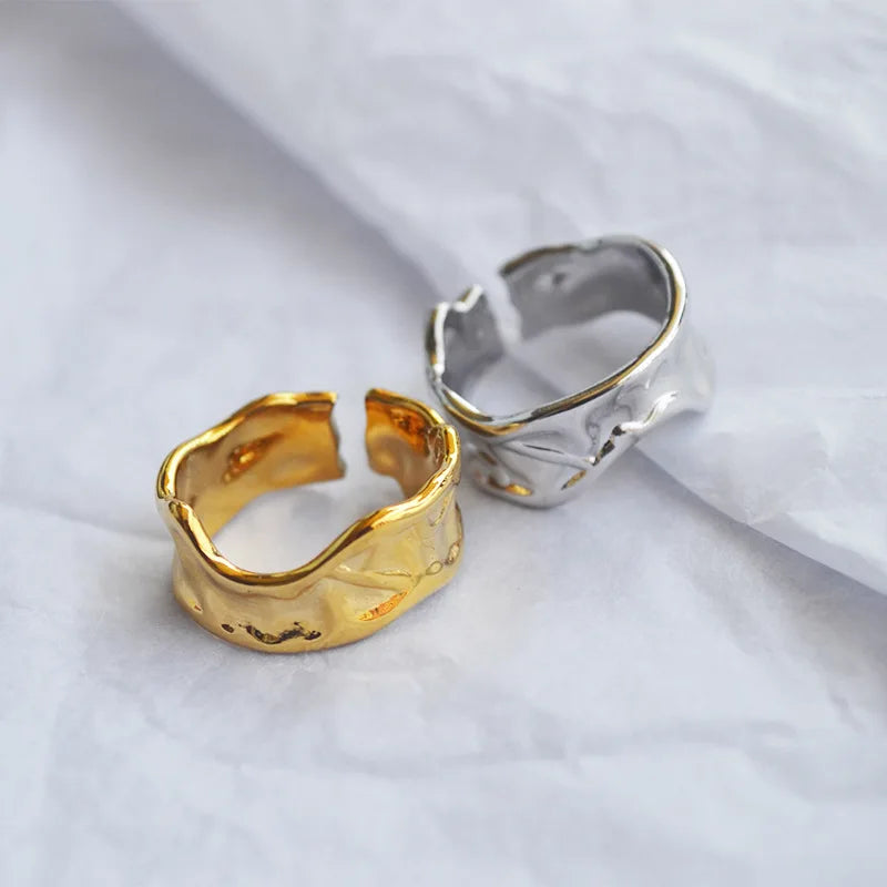 Women's Trendy 18k Gold Plated 925 Sterling Silver Chunky Ring Irregular Pleated Texture Open Adjustable Jewelry