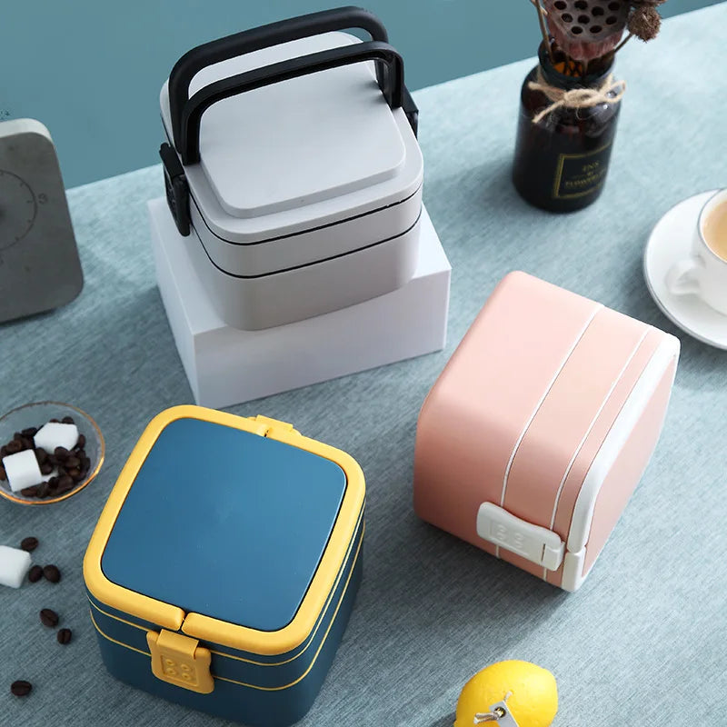 Customized Tiffin Microwave Safe Square PP Plastic Two Layers Bento Box With Handle Outdoor Office Storage Lunch Box