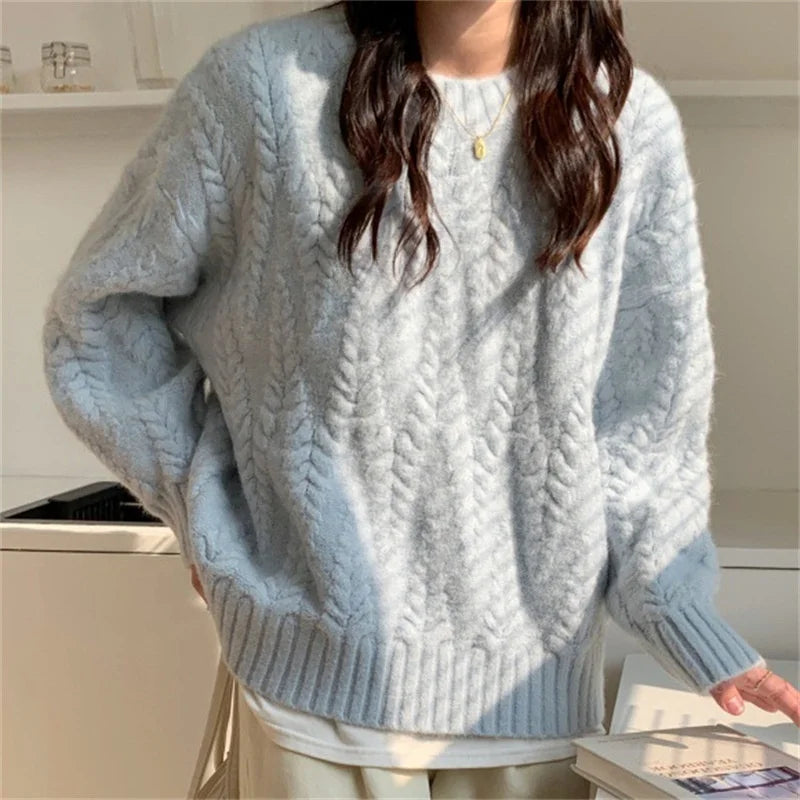 Mohair Sweater Manufacture New Twist Texture Jacquard Design Pullover O Neck Drop Shoulder Long Sleeve Sweater for Women