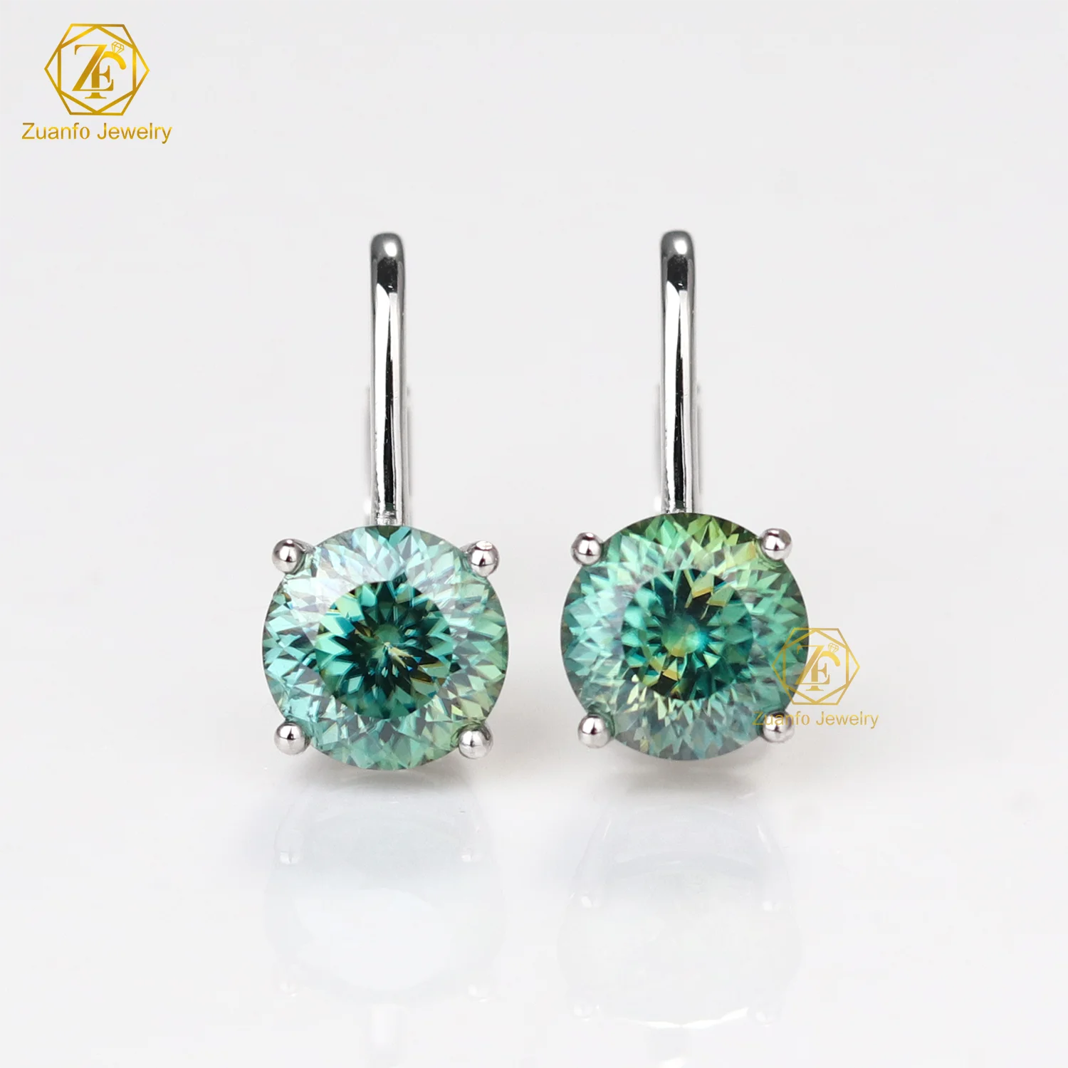 2 Carat Blue Green Portuguese Cut Moissanite Earrings 925 Sterling Silver Gold Clip-On Design Vintage for Weddings Parties