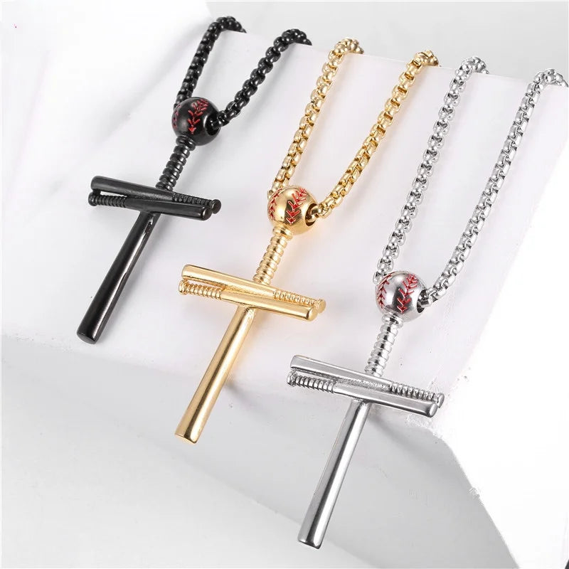 Baseball Bat Cross Pendant for Men Stainless Steel Necklace Punk Religious Male Jewelry Sport Lover Ornaments