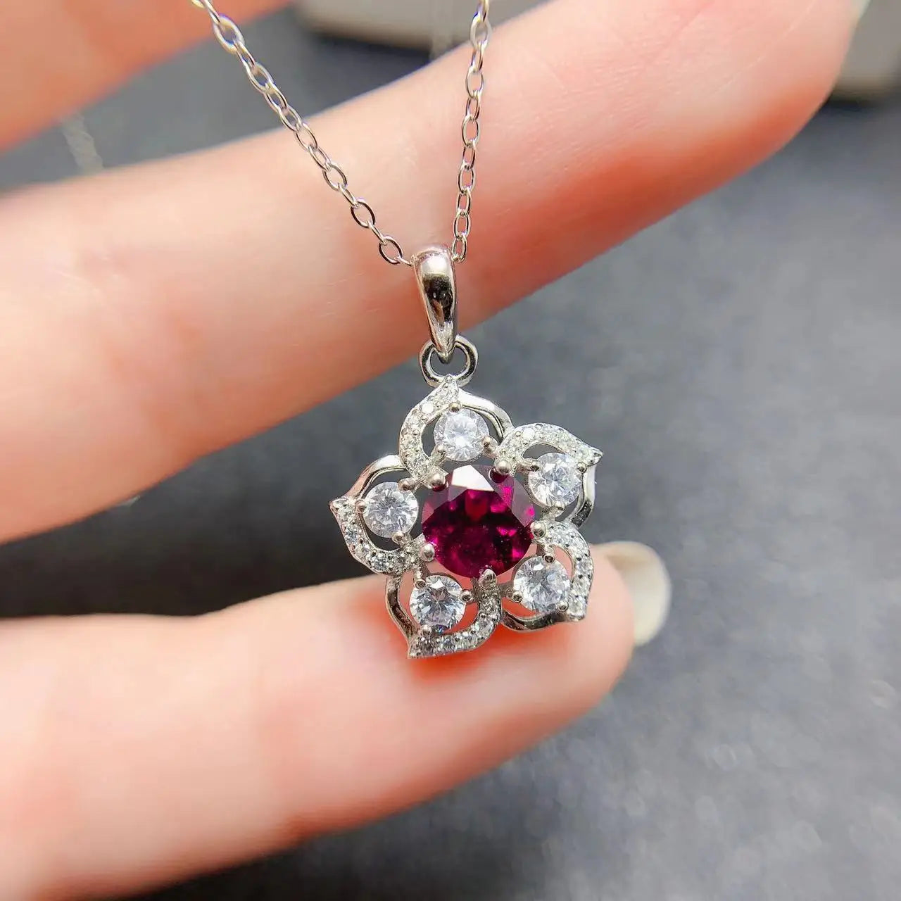 925 Antique Sterling Silver Islam Birth Flower Pendant Necklace with Natural Garnet Stone Rhodium and Gold Plated for Gift