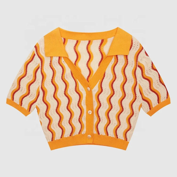 2023 New Design Custom Women's Knitwear V Neck Loose Solid Color Spring Summer T-Shirts Short Sleeve Knitted Cardigan Sweater