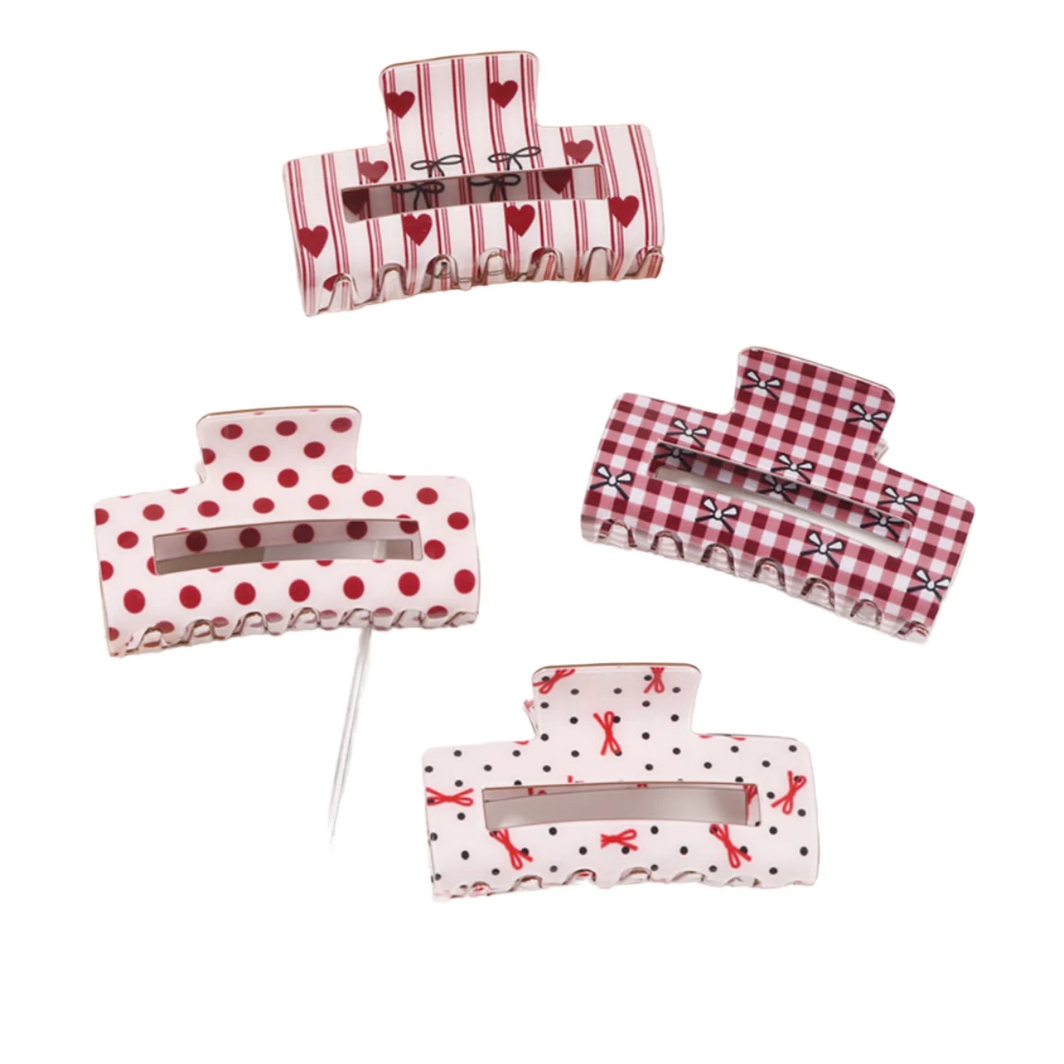 Wholesale Women's 8cm Hair Claw Clips White Red Bow Rectangle Acrylic Dots Valentines Red Heart Printing Metal Rhinestone Hair