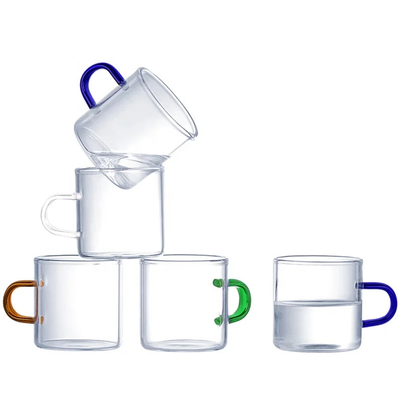 Personality Cups 6pcs Set 100ml Small Transparent Teacups with Color Handle Small Coffee Tea Cup Glass Water Cups