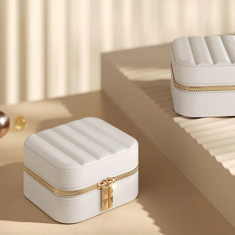 Promotional Jewelry Storage Box Luxury Square Portable Travel PU Leather Jewelry Box with Gold Zipper Close