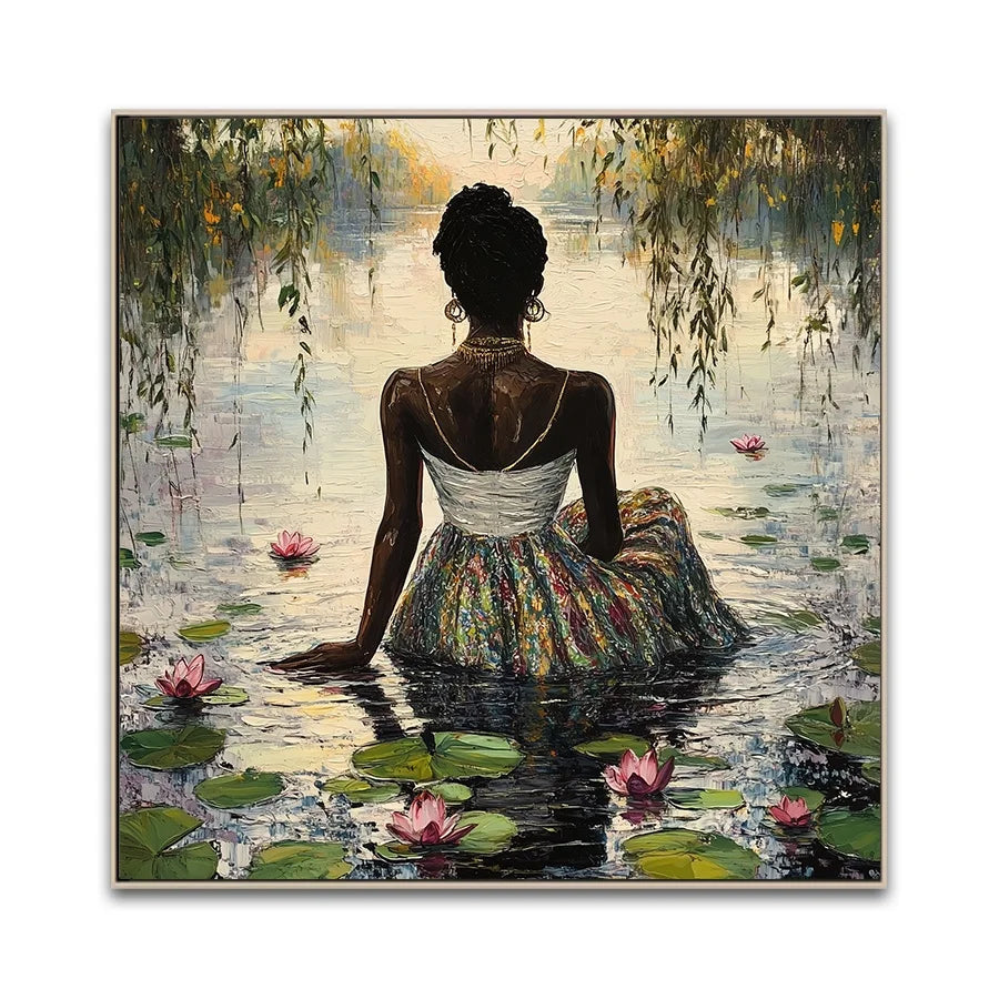 Wholesale Modern Oil Paintings African Woman Backside Hand-painted Brush Lotus Sit Lake Canvas Art Prints for Hotel Projects