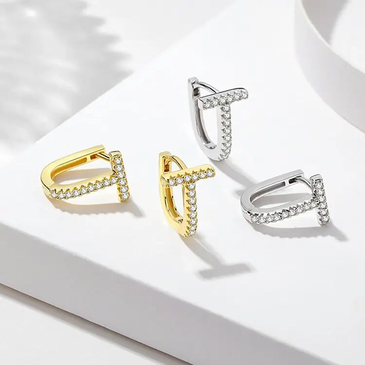 Wholesale Fashion Fancy 18K Gold Geometric CZ Zirconia Micro Inlaid White Zircon Pure Real 925 Sterling Silver T U Shape Earring