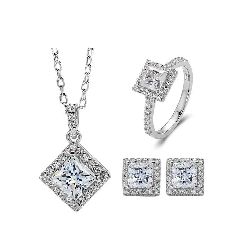 HL04T Abiding Dainty Square Princess Cut DEF VVS Moissanite 925 Silver Halo Ring Earrings Pendant Necklace Jewelry Set