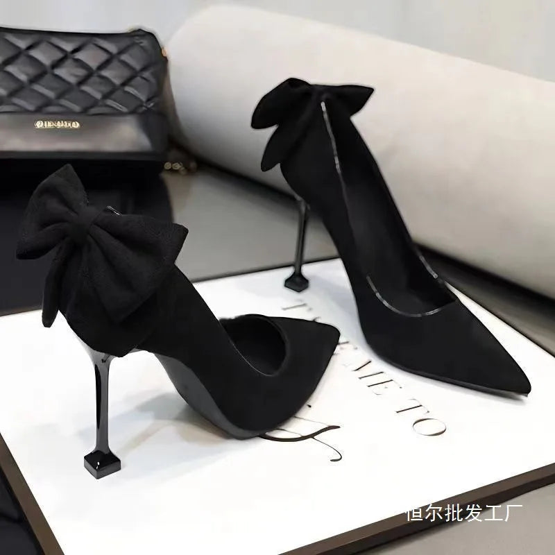 Spring and Autumn New Black High Heels Women's Stiletto Bow Korean Version of Saskatoon Shoes Women's Daily Style Girl
