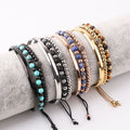 New Fashion Stainless Steel Bangle 4mm Natural Stone Macrame Beaded Adjustable Bracelet Set Women Men JBS12437