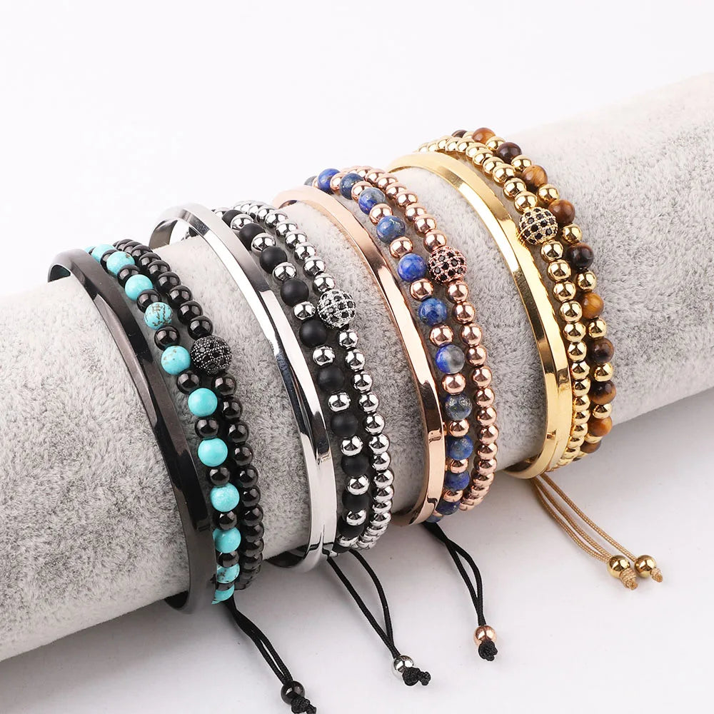 New Fashion Stainless Steel Bangle 4mm Natural Stone Macrame Beaded Adjustable Bracelet Set Women Men JBS12437